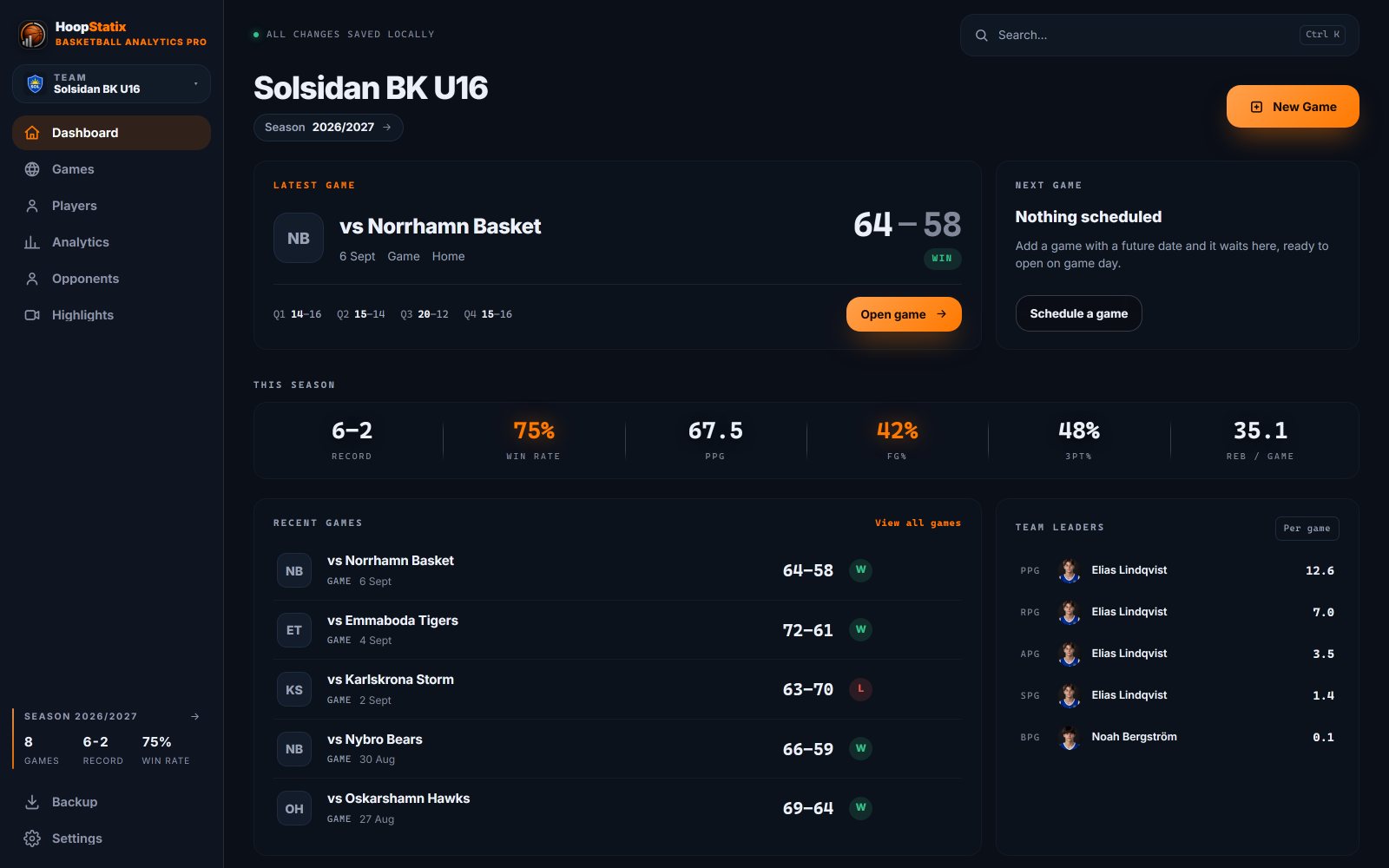 Desktop dashboard: latest game, season 6–2, recent activity