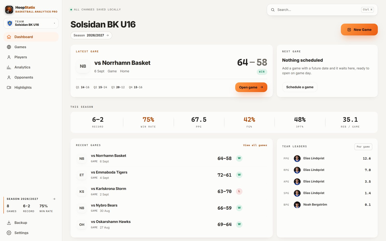 Desktop dashboard: latest game, season 6–2, recent activity