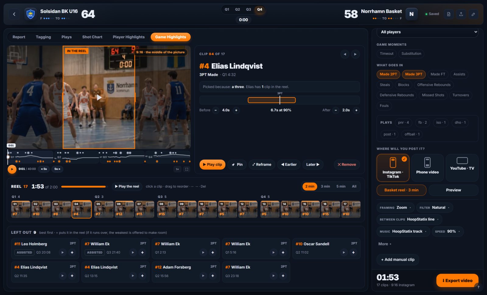 Desktop highlights editor: the film with the orange window of what the 9:16 reel keeps, the selected clip with why it was picked and its start and end, the reel as one strip by quarter, the clips left out